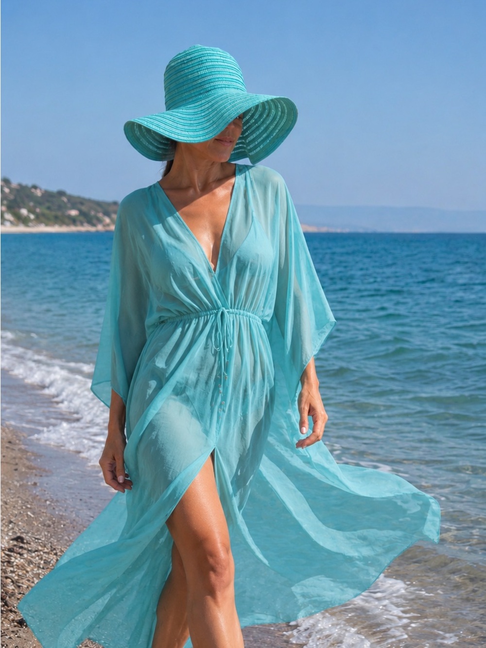 Echo Women’s Packable Wide Brim Sun Hat Aqua Blue Green S/M